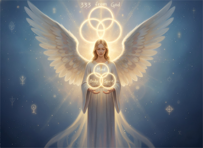 Divine angel surrounded by a celestial glow symbolizing the number 333 and spiritual protection representing the harmony of mind body and spirit ppxstar | people ​planet  x star